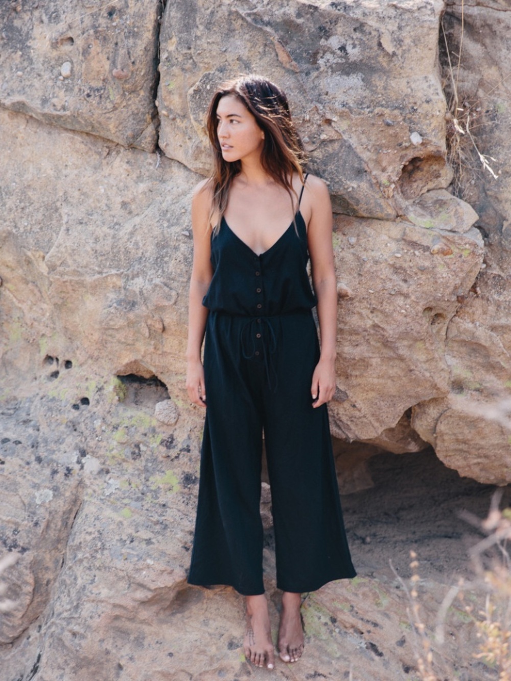 OZMA Silk Noir Cypress Jumpsuit Black Wide Leg Linen Womens XS